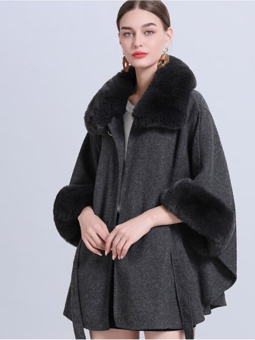 Faux Fur Trim Charcoal Cape Shrug Sweater